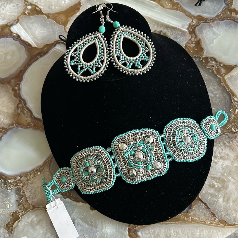 Stunning Hand Beaded Turquoise & Silver Cuff Bracelet/Earrings Set-Boutique